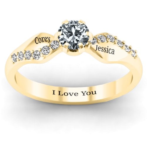 Dimpled Solitaire with Accents Ring – 9kt Yellow Gold with Cubic Zirconia and White Premium Zirconia