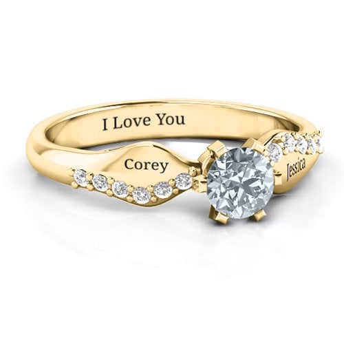 Dimpled Solitaire with Accents Ring – 9kt Yellow Gold with Cubic Zirconia and White Premium Zirconia