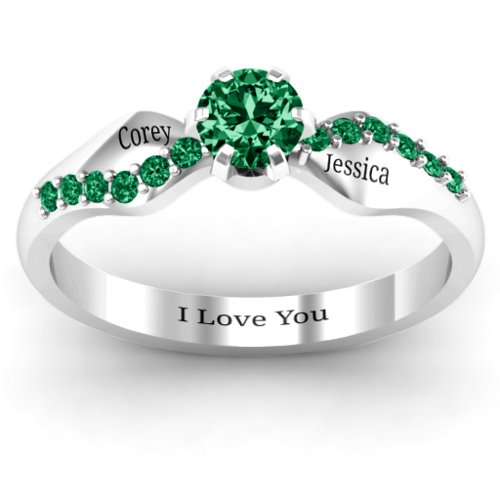 Dimpled Solitaire with Accents Ring – Sterling Silver with Emerald and Green Premium Zirconia