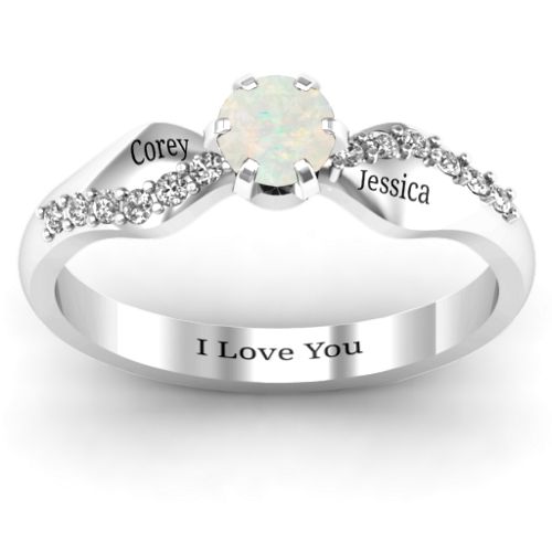 Dimpled Solitaire with Accents Ring – Sterling Silver with Opal and White Premium Zirconia