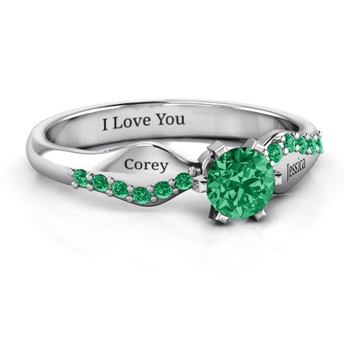 Dimpled Solitaire with Accents Ring – Sterling Silver with Emerald and Green Premium Zirconia